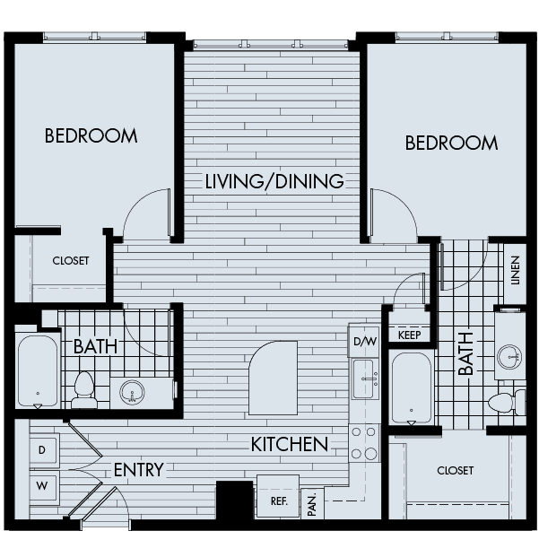 Floor plan for 2 beds, 2 baths, 1091 sqft